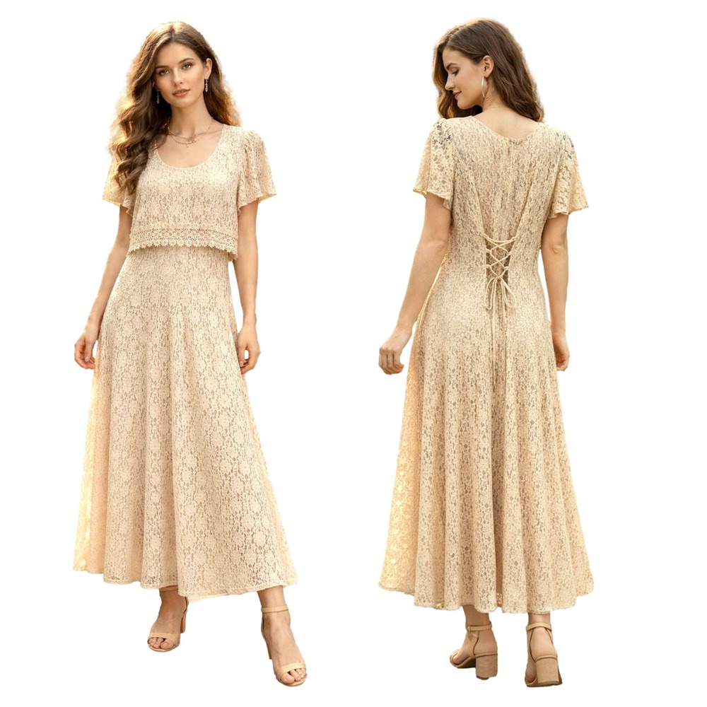 Vintage‎ Dawn Joy Womens Dress 9 10 Beige Lace Sheer Midi Cottage Wedding Nylon